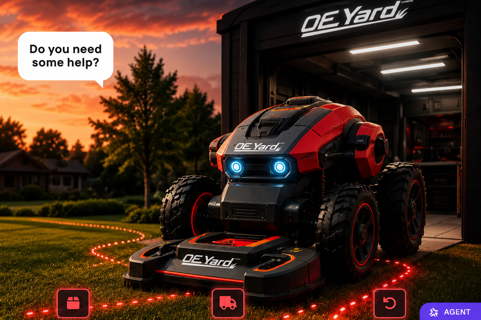 Futuristic Outdoor Elements mower robot outside a garage at sunset